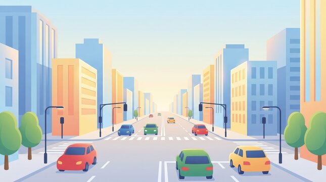 Pastel city street scene in vector illustration with one-point perspective, modern buildings and cars, sunny daytime mood