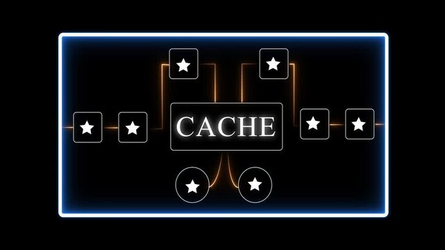 Cache concept with glowing neon lines and stars on black background computer technology