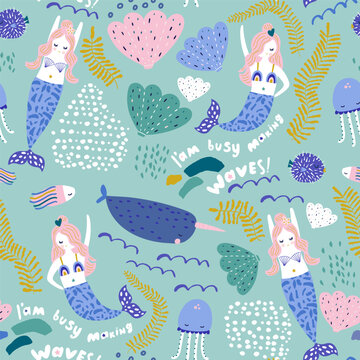 Childish seamless pattern with cute mermaids,whale, narval and undersea elements. Creative kids vector texture.