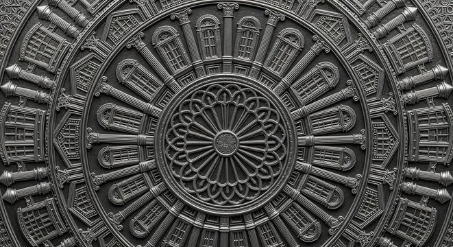 Intricate circular architectural relief displays concentric patterns of columns and windows