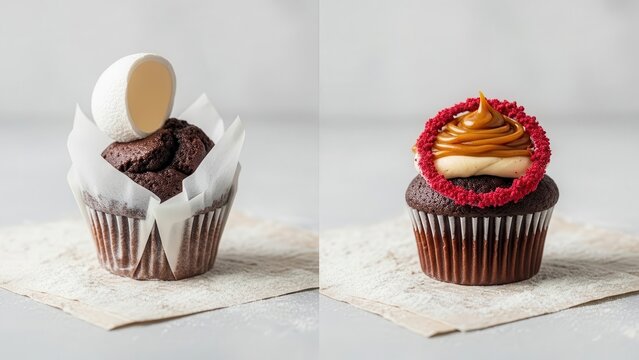 Two different gourmet chocolate cupcakes side by side on a textured light cloth one with a white chocolate half egg, the other with caramel frosting and red sprinkles ring