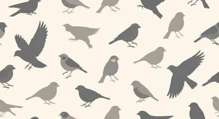 Obraz premium Repeating pattern features various silhouettes of small perching avian creatures on a light background