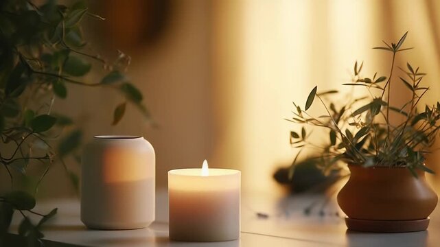 Lit candle and aroma diffuser creating a serene, warm, and relaxing atmosphere, enhancing mindfulness and self care in a tranquil home environment with natural elements