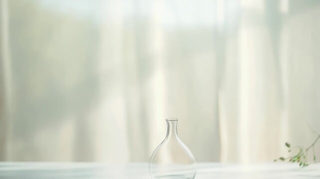 Empty clear glass design vase sitting on a white table capturing soft natural light from a window with light fabric drapery creating a minimalist and clean background