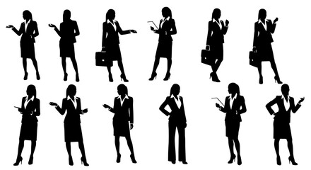 Set of Ten Black Silhouette Icons Depicting Professional Women in Diverse Business Poses Including Gesturing, Presenting, and Holding Briefcases
