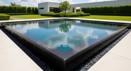 Fototapeta premium Modern infinity edge swimming pool reflects a bright blue sky and surrounding green landscape
