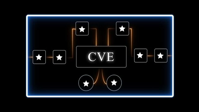 C V E Common Vulnerabilities and Exposures cybersecurity concept with glowing neon connections and stars on black background