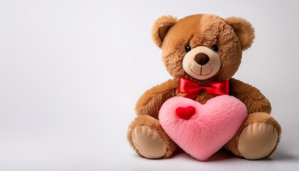 Obraz premium Brown smiling Teddy bear plush toy with red tied bow holding a pink heart shape plushie on white background 