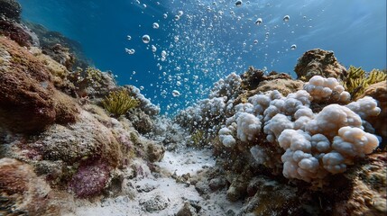 Underwater coral reef scene with bubbles rising through clear blue water