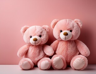 Valentine's day concept. Couple of pale pink smiling Teddy bear plush toys on pale pink background with copy space 