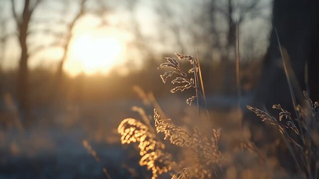 Dried reed stalks illuminated by warm golden sunset light, soft bokeh and backlit glow creating a tranquil, serene late autumn or winter meadow scene - golden hour -