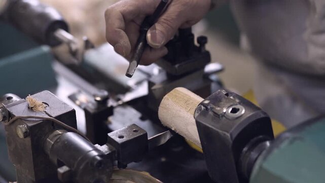 Work process on spinning wood lathe machine, drilling and cutting a wooden element, carpenter's hands close up