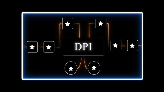 D P I digital dots per inch infographic animation background with glowing neon lines and stars on black