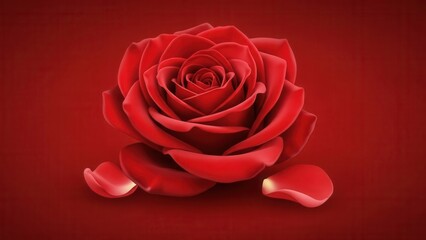 Beautiful red rose blossom with scattered petals on dark red background