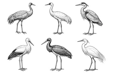 Fototapeta premium Detailed sketches of various crane and heron species in black and white