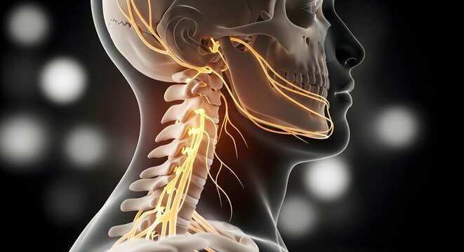 Anatomical illustration of human neck and skull showing cervical spine and nervous system with glowing nerves representing chronic pain or neurological condition on dark blurred background profile