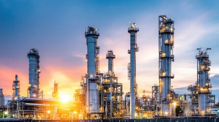 Obraz premium Towering Industrial Refinery Distillation Columns Under a Vibrant Sunset Sky