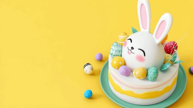 Cute rabbit cake and colorful decorated eggs on yellow background for easter celebration, copy space