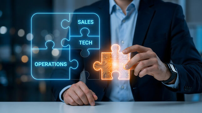 A professional in a dark suit carefully integrates a glowing orange technology puzzle piece into a blue digital framework representing sales tech and 