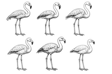 Naklejka premium Hand-drawn flamingo illustrations: detailed sketches of flamingos in various poses