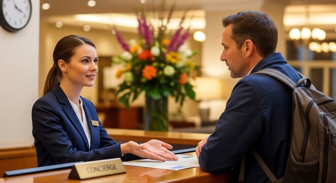 A friendly female hotel concierge assists a male guest at the front desk in a hotel lobby.