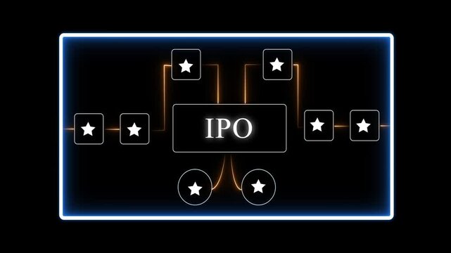 I P O initial public offering business finance concept with glowing neon lines and stars on black background