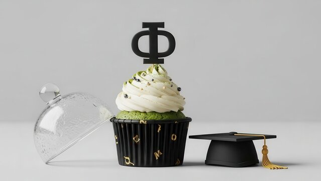 Graduation themed chocolate cupcake with white frosting, topped with a black phi symbol greek letter decoration, next to a miniature graduation cap and an overturned glass cloche