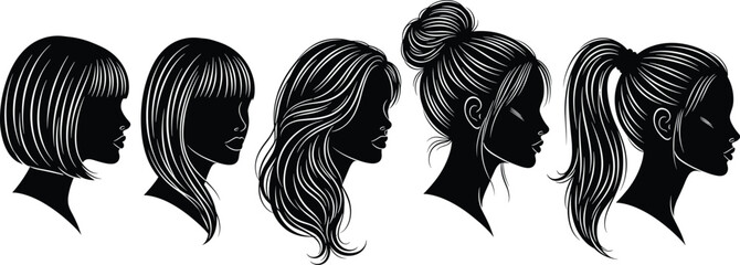 Black and white silhouettes of women with different hairstyles black and white, silhouettes, women, hairstyles, profiles, bob, bangs, long hair, ponytail, bun, hair styles, women's fashion, beauty, bl