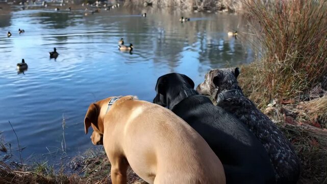 Hunting dogs watch a flock of ducks swimming on a pond in the wild.