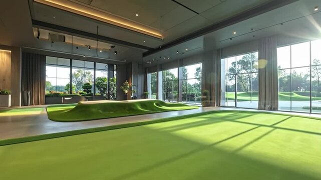 Indoor golf simulator room with artificial green, sand trap, and large windows overlooking the course.