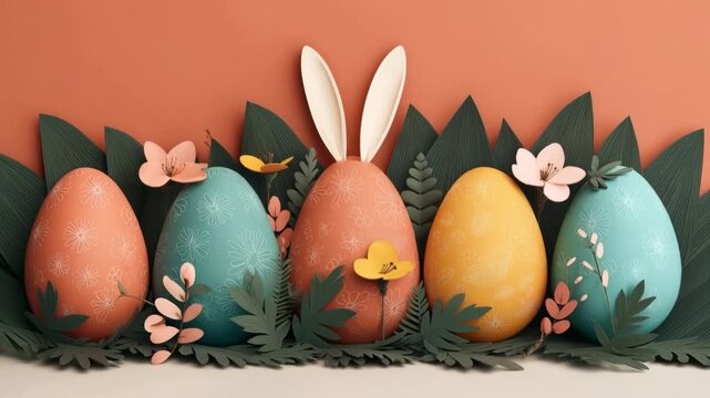 Colorful easter eggs and paper flowers creating a spring nature background with bunny ears