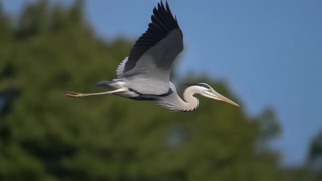 Sequence of a Grey Heron in Flight Soaring Through the Sky Gracefully