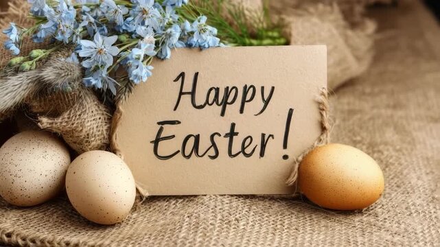 Rustic easter composition featuring a greeting card, natural eggs, and wildflowers on burlap fabric