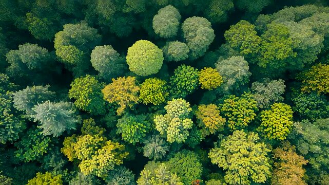 Top down aerial view of dense forest canopy showing varied green and yellow treetops forming rich natural texture and calming landscape