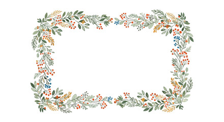 Rectangular frame composed of colorful autumn berries, green leaves, and delicate floral branches for seasonal invitations or borders.