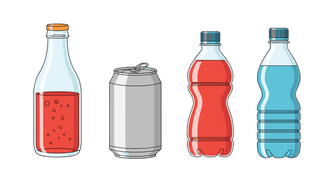 Different types of beverage containers including a glass bottle of red soda, an aluminum can, and two plastic water bottles.