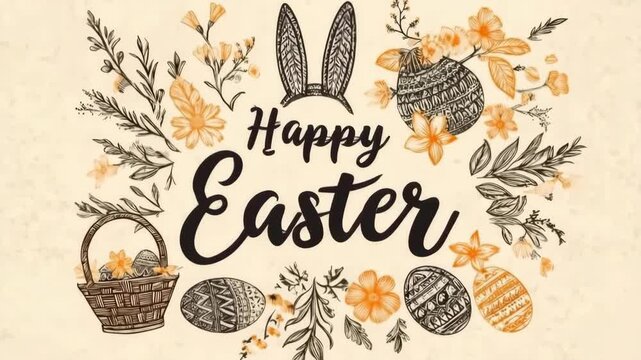 Easter holiday illustration featuring calligraphic text surrounded by decorative eggs, basket, flowers