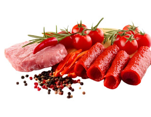 Carnivorous diet consisting of meat and spicy snacks like peppers and tomatoes. Preparing a culinary idea, cut out