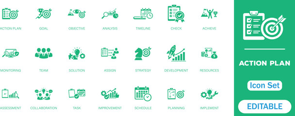  Action plan icon set. featuring strategy, goal setting, task management, timeline, teamwork, development, and planning. Perfect for business, project management, productivity, and performance design. © S-Design Pro