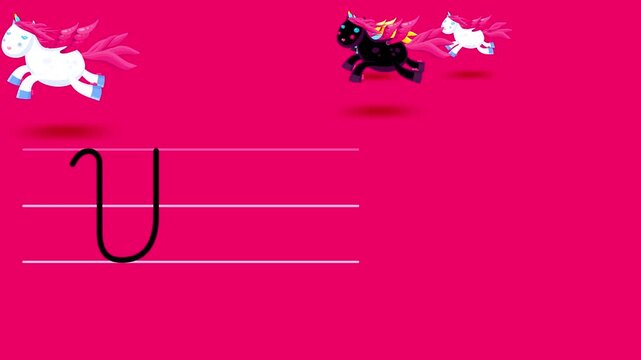 U letter writing like color unicorn cartoon animation. A compatibile part of the alphabet serie. Handwriting educational style for children education movies, presentation, learning alphabet.