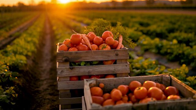 Wooden crates filled with ripe tomatoes at golden sunset across cultivated farm rows capturing fresh harvest in peaceful rural farmland