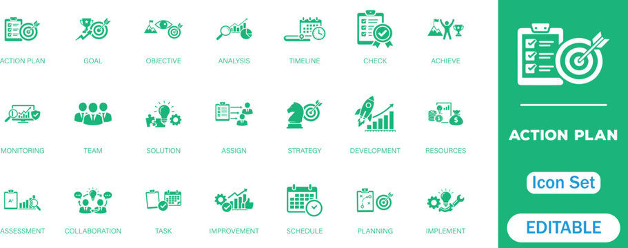 
Action plan icon set. featuring strategy, goal setting, task management, timeline, teamwork, development, and planning. Perfect for business, project management, productivity, and performance design.