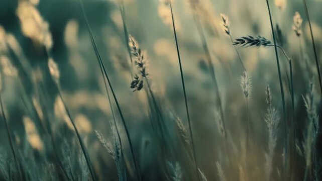 Golden hour sun rays softly illuminating dried natural grass spikes swaying gently against a blurred tranquil background, creating a serene and peaceful atmosphere