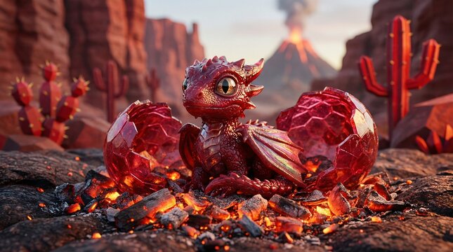 Red dragon hatching from egg in volcanic landscape with cacti