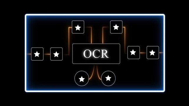 O C R Optical Character Recognition Technology Concept with Glowing Neon and Star Symbols on Black Background for Data Extraction and Processing Visualization