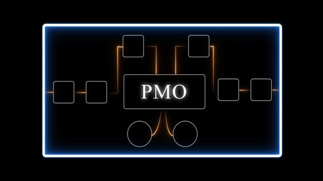 P M O Project Management Office Workflow Diagram with Neon Lights and Glowing Lines on Black Background for Business and Technology Concepts