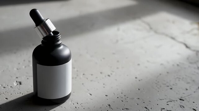 Black Cosmetic Bottle with Dropper on Concrete Surface in Soft Sunlight for Beauty Products Mockup Product Presentation