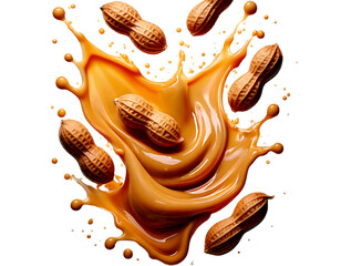Creamy peanut butter is splattered with peanuts, cut out