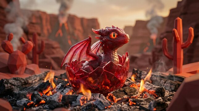 Stunning red dragon emerging from fiery egg in desert landscape with cacti