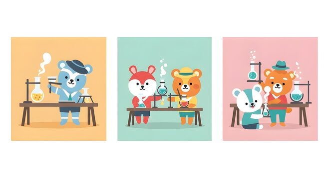 Cute Animal Characters Doing Chemistry Science Experiments in School Laboratory.